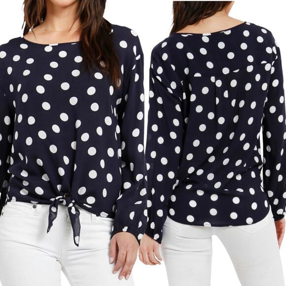Three Dots Tops - Three Dots Navy Tie Front Dot Blouse size SMALL